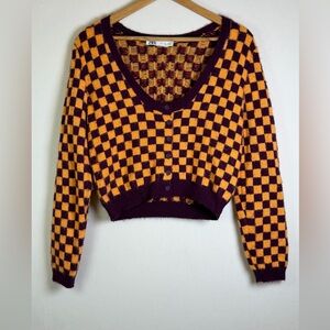 Zara Women’s Fuzzy Wool Blend Checkerboard Knit Cropped Sweater Y2K Sz L